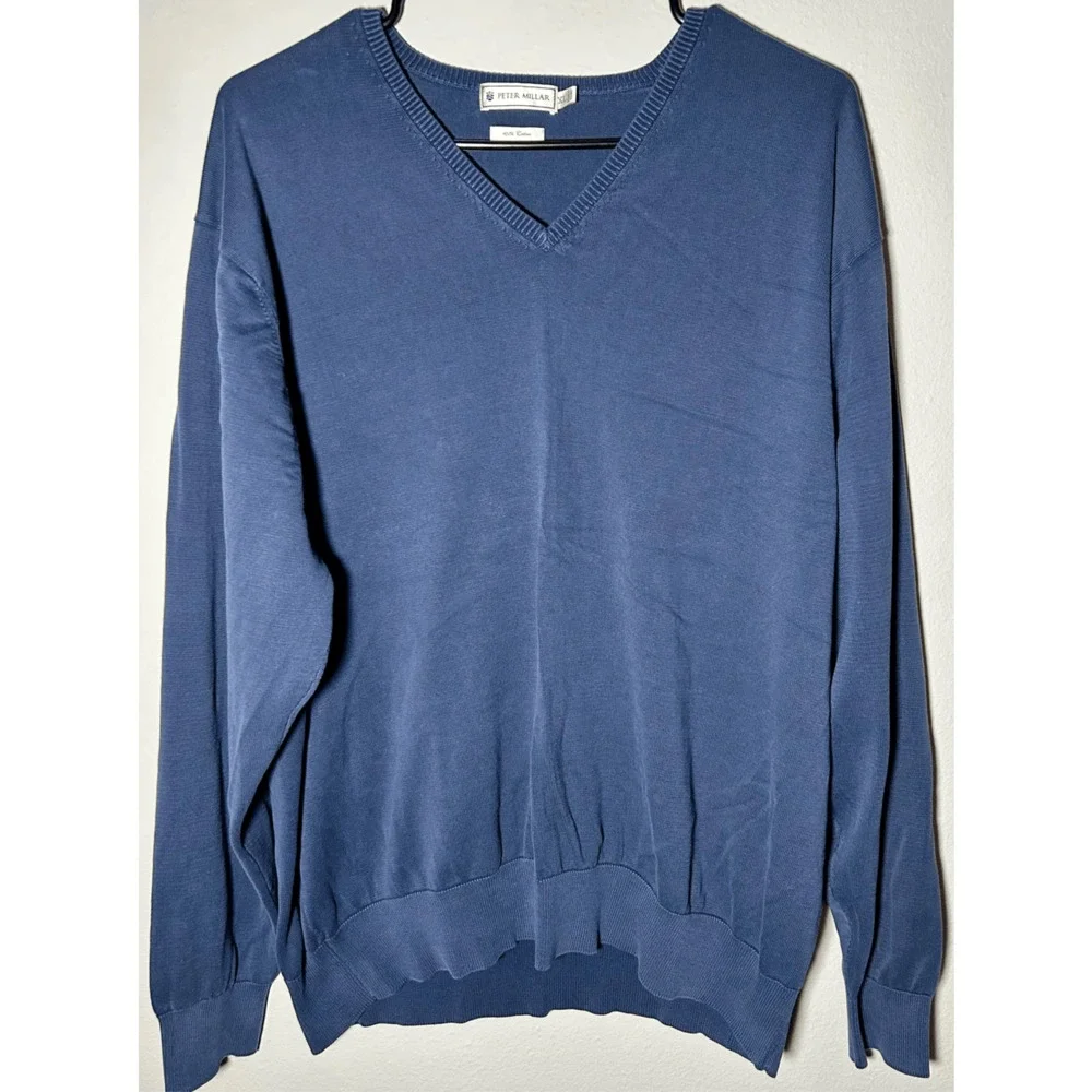 Peter Millar 100% Cotton V-Neck Men’s Golf Sweater Blue Sz XL